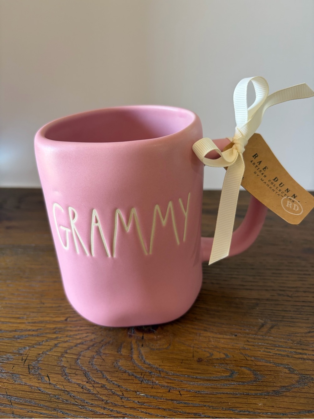 Rae Dunn Pink "GRAMMY" Ceramic Mug with Ribbon Tag